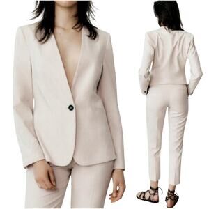 Zara Basic Blazer Single Button Collarless Woven Beige Cream Blazer Womens 4